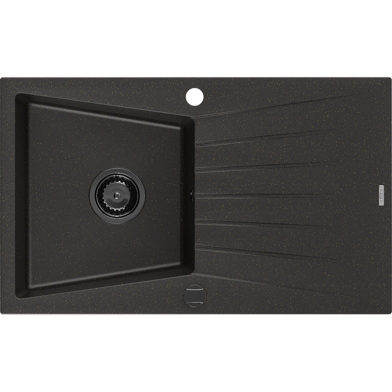 Mexen Cesar granitový dřez s odkapávačem 1-komorový 775 x 470 mm, černá/zlatý metalik, černý sifon - 6514771010-75-B