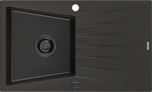 Mexen Cesar granitový dřez s odkapávačem 1-komorový 775 x 470 mm, černá/zlatý metalik, černý sifon - 6514771010-75-B