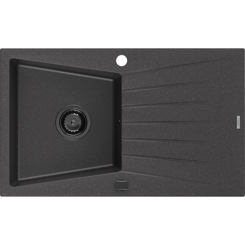 Mexen Cesar granitový dřez s odkapávačem, 1 komora, 775 x 470 mm, černý kropenatý, černý sifon - 6514771010-76-B