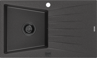 Mexen Cesar granitový dřez s odkapávačem, 1 komora, 775 x 470 mm, černý kropenatý, černý sifon - 6514771010-76-B