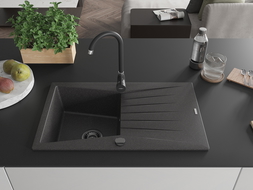 Mexen Cesar granitový dřez s odkapávačem, 1 komora, 775 x 470 mm, černý kropenatý, černý sifon - 6514771010-76-B