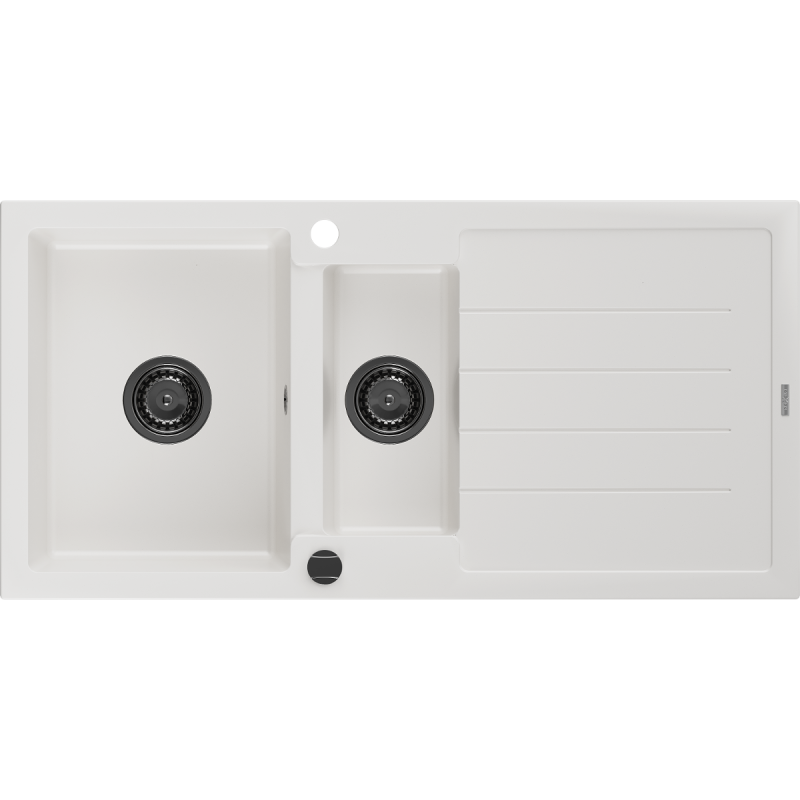 Mexen Andres 1,5-komorový žulový dřez s odkapávačem 1000 x 500 mm, bílý, černý sifon - 6515101510-20-B