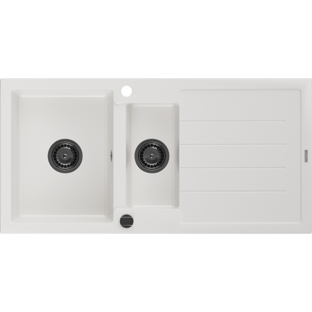 Mexen Andres 1,5-komorový žulový dřez s odkapávačem 1000 x 500 mm, bílý, černý sifon - 6515101510-20-B