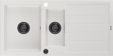 Mexen Andres 1,5-komorový žulový dřez s odkapávačem 1000 x 500 mm, bílý, černý sifon - 6515101510-20-B