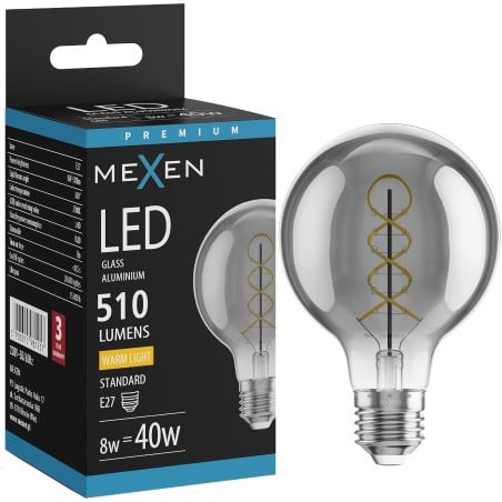 Mexen Vintis Žárovka filament spirála LED E27, G80, 8W, Teplá - 2700K, 510 lm, kouřová - L165-E27-0827-70