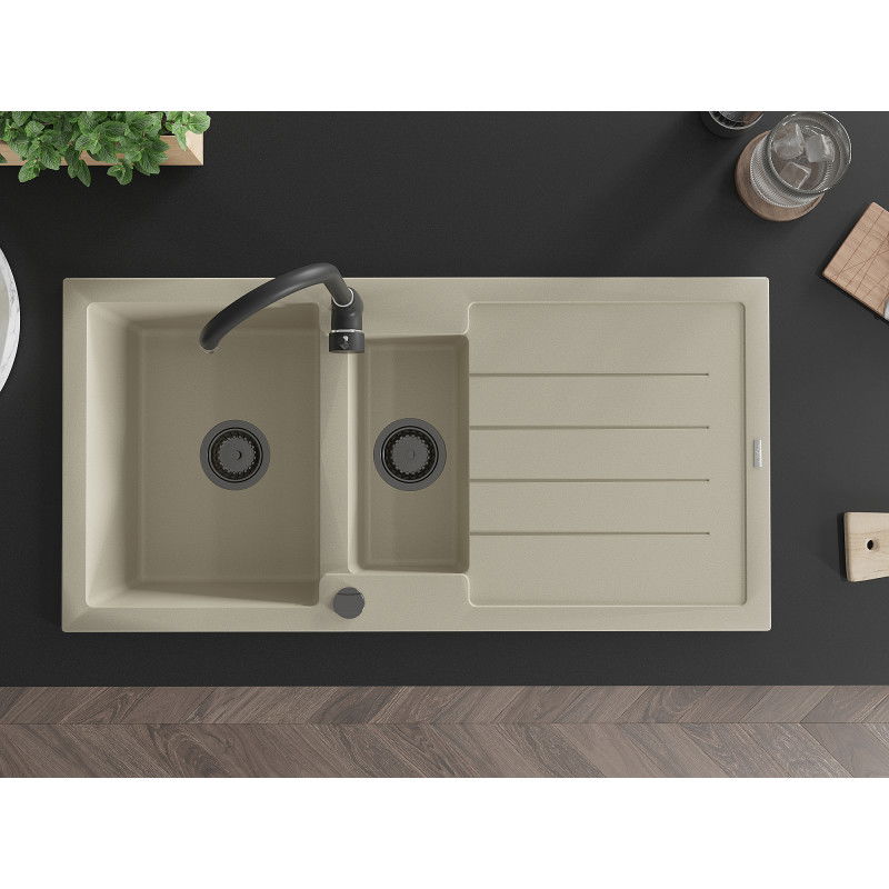 Mexen Andres granitový dřez 1,5-komorový s odkapávačem 1000 x 500 mm, béžový, sifon černý - 6515101510-69-B