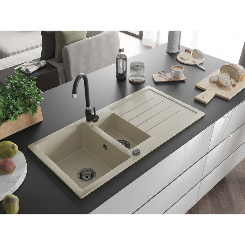 Mexen Andres granitový dřez 1,5-komorový s odkapávačem 1000 x 500 mm, béžový, sifon černý - 6515101510-69-B