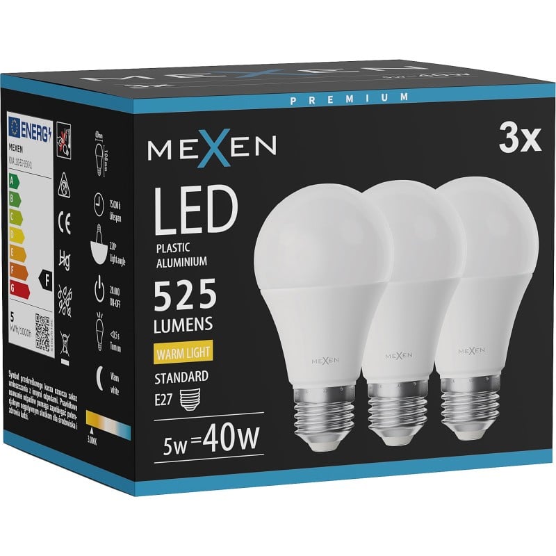 Mexen Nova 3x LED žárovka E27, A60, 5W, Teplá - 3000K, 525 lm - L100-E27-0530-01x03