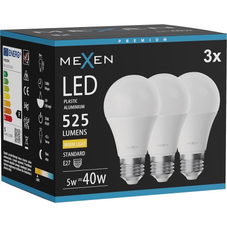 Mexen Nova 3x LED žárovka E27, A60, 5W, Teplá - 3000K, 525 lm - L100-E27-0530-01x03