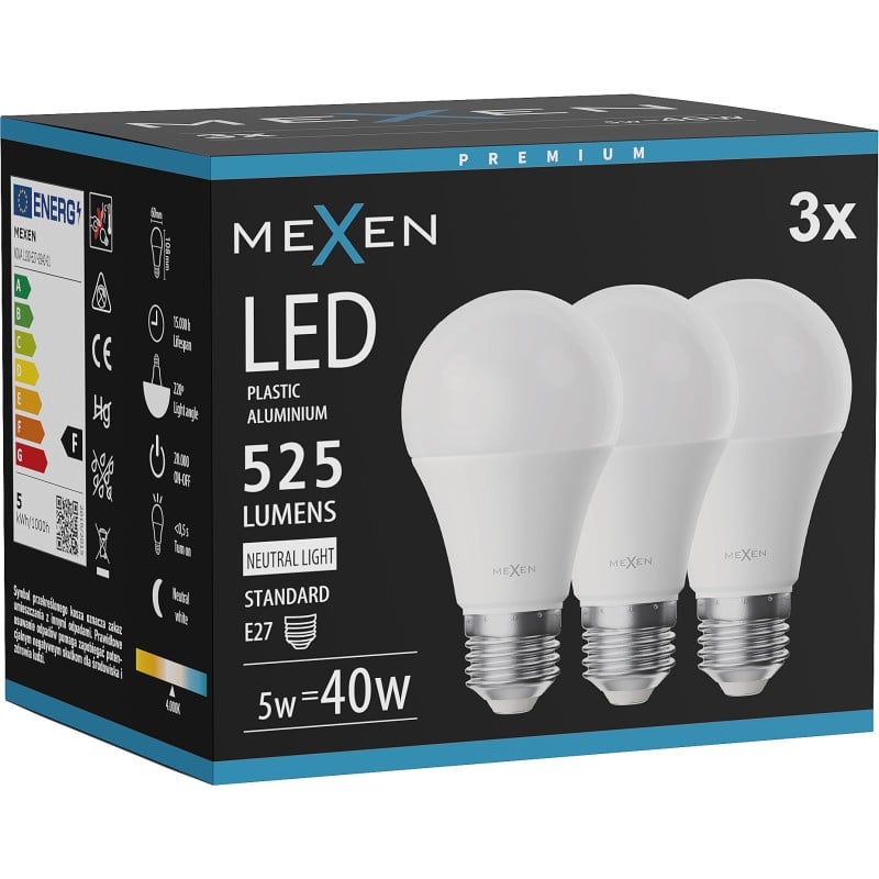 Mexen Nova 3x LED žárovka E27, A60, 5W, Neutrální - 4000K, 525 lm - L100-E27-0540-01x03