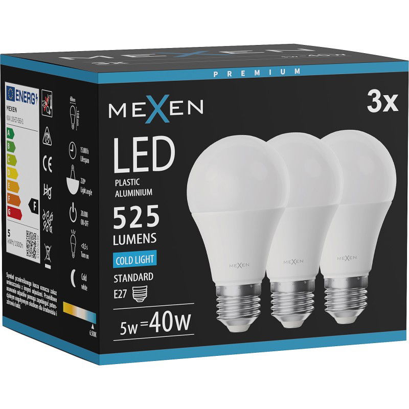 Mexen Nova 3x LED žárovka E27, A60, 5W, Studená - 6500K, 525 lm - L100-E27-0565-01x03