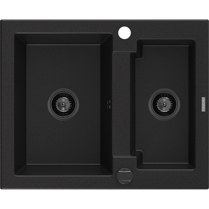 Mexen Carlos granitový dřez 1,5-komorový 582 x 475 mm, černý, černý sifon - 6518581500-77-B