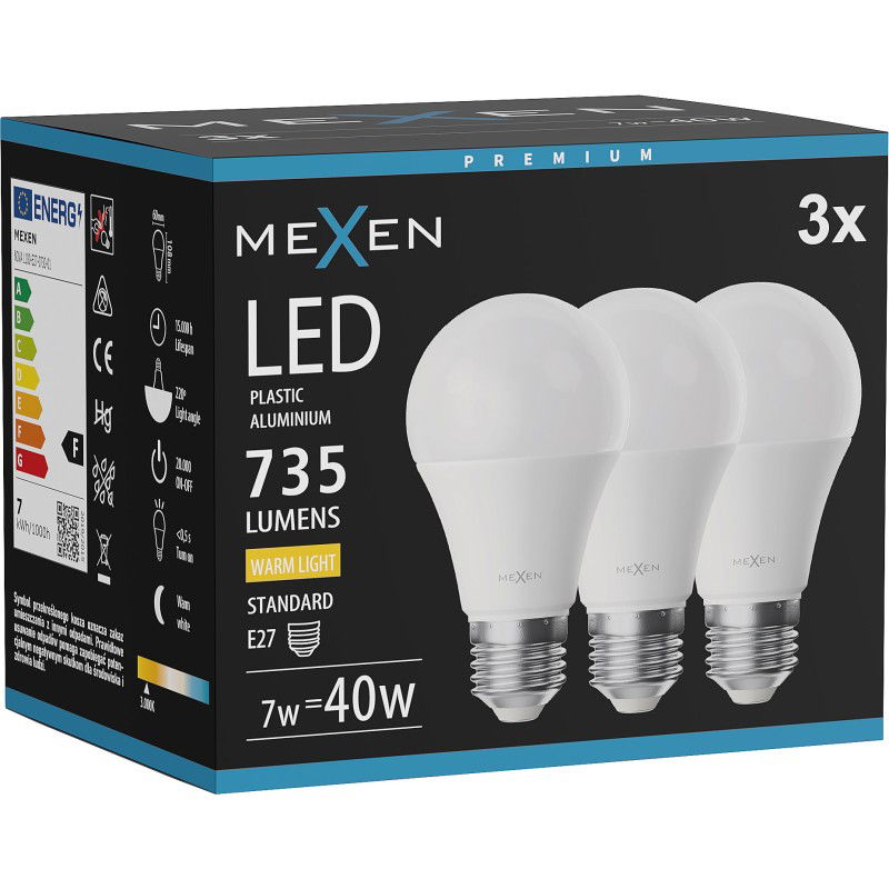 Mexen Nova 3x LED žárovka E27, A60, 7W, Teplá - 3000K, 735 lm - L100-E27-0730-01x03