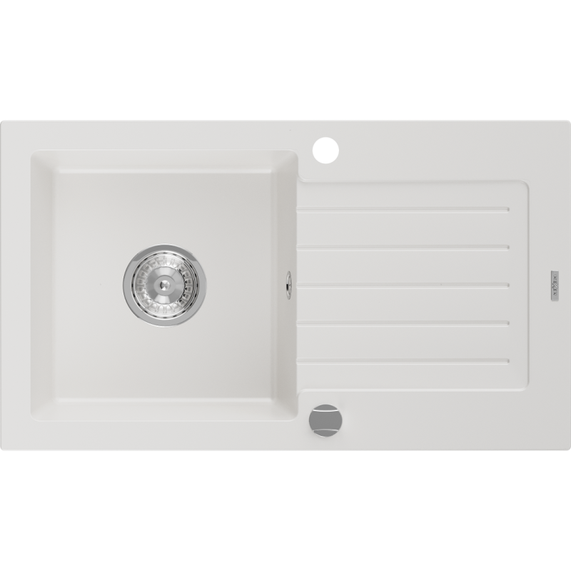 Mexen Pablo granitový dřez 1-komorový s odkapávačem 752 x 436 mm, bílý, sifon chrom - 6510751010-20