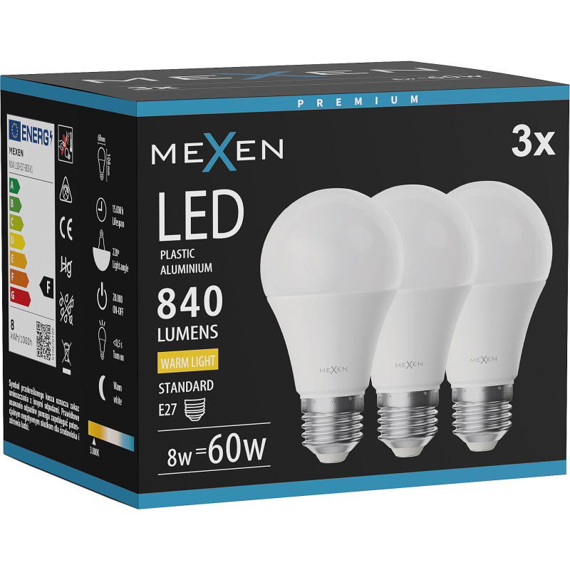 Mexen Nova 3x LED žárovka E27, A60, 8W, Teplá - 3000K, 840 lm - L100-E27-0830-01x03