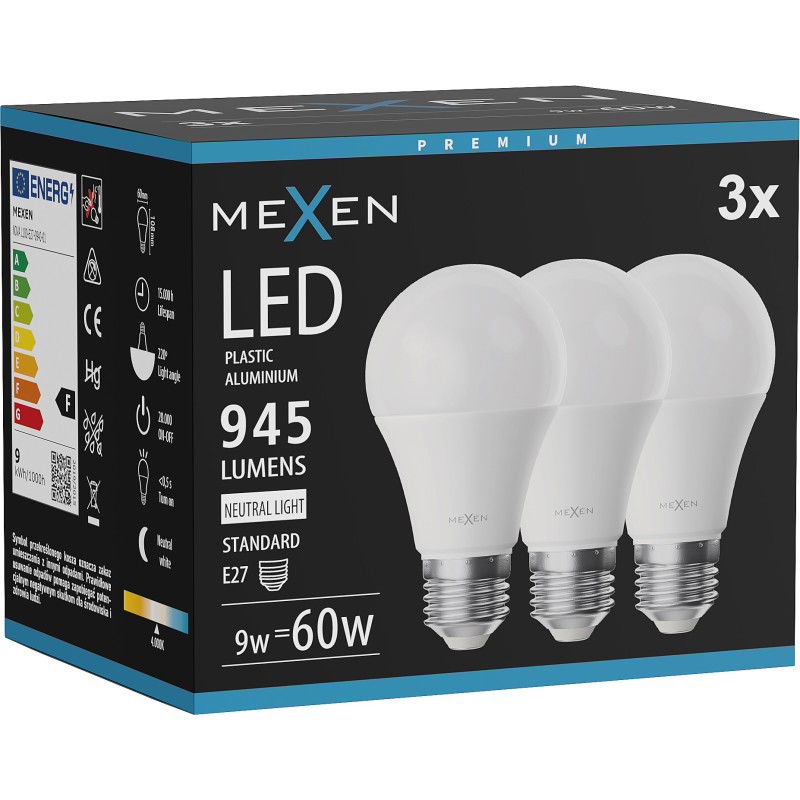 Mexen Nova 3x LED žárovka E27, A60, 9W, Neutrální - 4000K, 945 lm - L100-E27-0940-01x03