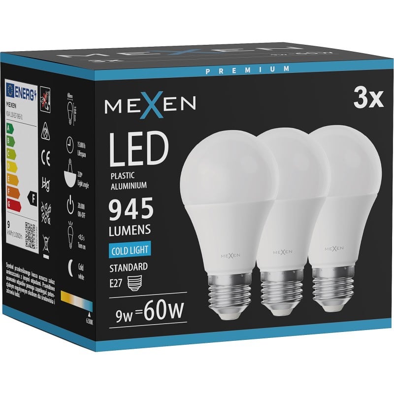 Mexen Nova 3x LED žárovka E27, A60, 9W, Studená - 6500K, 945 lm - L100-E27-0965-01x03