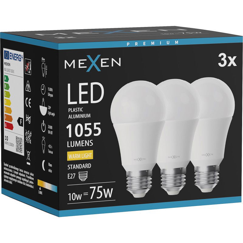 Mexen Nova 3x LED žárovka E27, A60, 10W, Teplá - 3000K, 1055 lm - L100-E27-1030-01x03