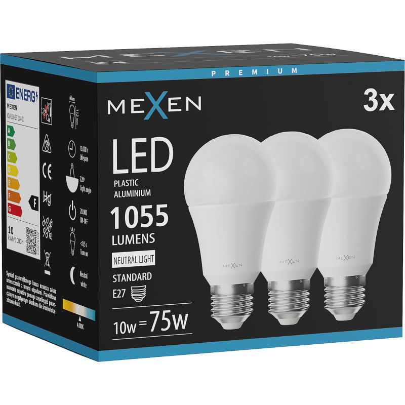 Mexen Nova 3x Žárovka LED E27, A60, 10W, Neutrální - 4000K, 1055 lm - L100-E27-1040-01x03