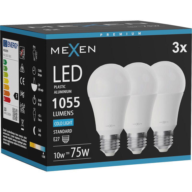 Mexen Nova 3x LED žárovka E27, A60, 10W, Studená - 6500K, 1055 lm - L100-E27-1065-01x03