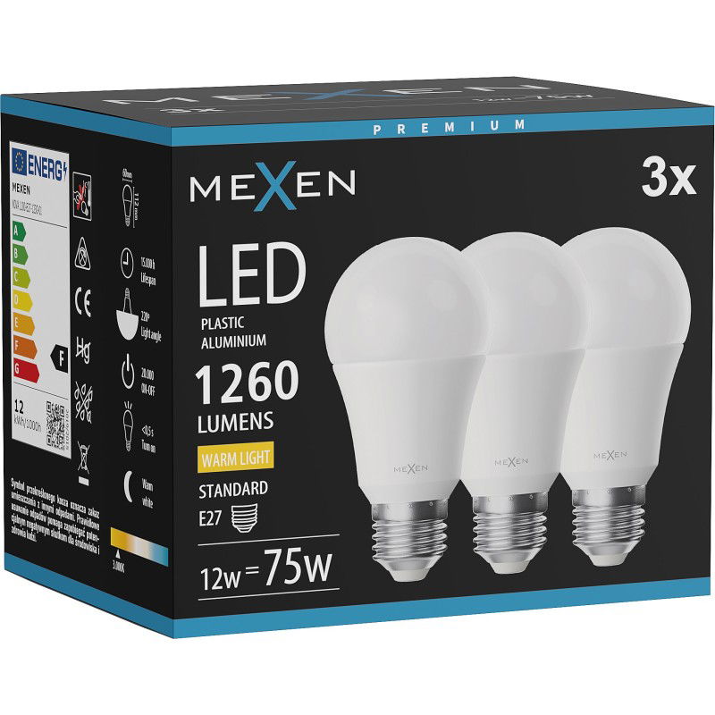 Mexen Nova 3x LED žárovka E27, A60, 12W, Teplá - 3000K, 1260 lm - L100-E27-1230-01x03
