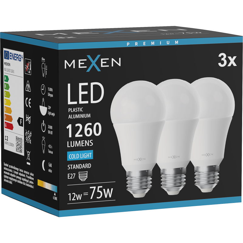 Mexen Nova 3x LED žárovka E27, A60, 12W, Studená - 6500K, 1260 lm - L100-E27-1265-01x03