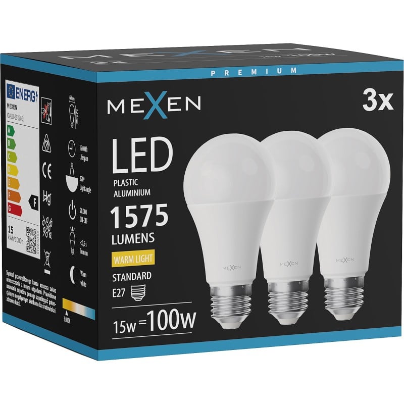 Mexen Nova 3x LED žárovka E27, A60, 15W, Teplá - 3000K, 1575 lm - L100-E27-1530-01x03