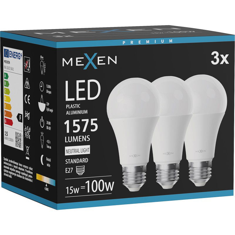 Mexen Nova 3x LED žárovka E27, A60, 15W, Neutrální - 4000K, 1575 lm - L100-E27-1540-01x03