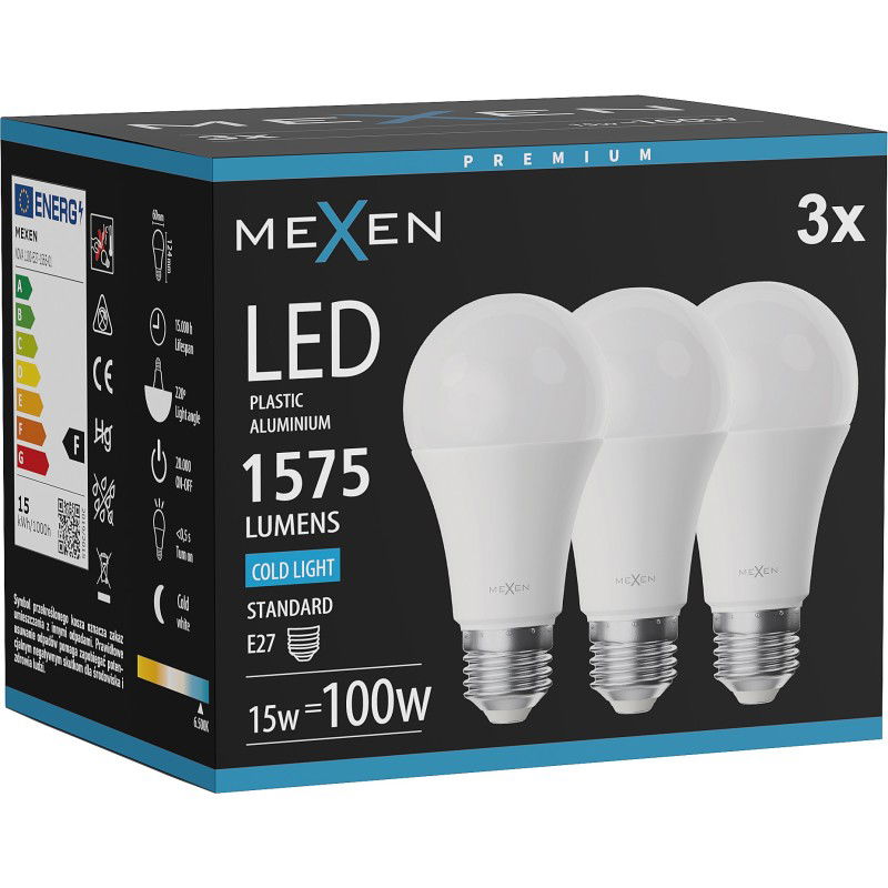 Mexen Nova 3x LED žárovka E27, A60, 15W, Studená - 6500K, 1575 lm - L100-E27-1565-01x03