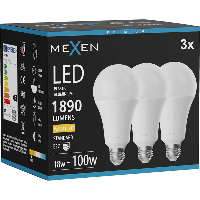 Mexen Nova 3x Žárovka LED E27, A70, 18W, Teplá - 3000K, 1890 lm - L100-E27-1830-01x03