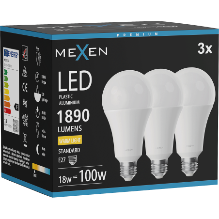 Mexen Nova 3x Žárovka LED E27, A70, 18W, Teplá - 3000K, 1890 lm - L100-E27-1830-01x03