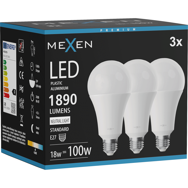 Mexen Nova 3x LED žárovka E27, A70, 18W, Neutrální - 4000K, 1890 lm - L100-E27-1840-01x03