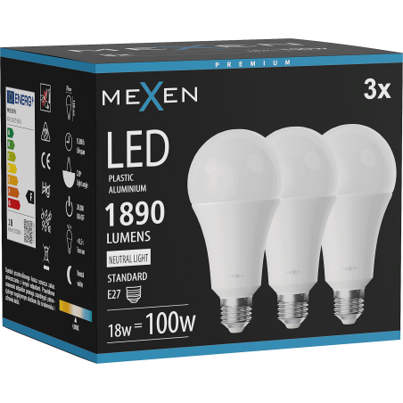 Mexen Nova 3x LED žárovka E27, A70, 18W, Neutrální - 4000K, 1890 lm - L100-E27-1840-01x03
