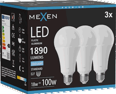 Mexen Nova 3x LED žárovka E27, A70, 18W, Studená - 6500K, 1890 lm - L100-E27-1865-01x03