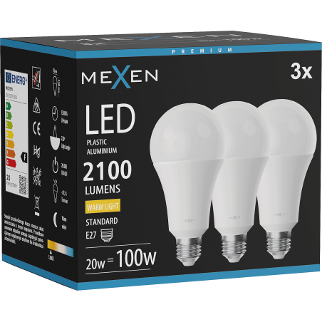 Mexen Nova 3x LED žárovka E27, A70, 20W, Teplá - 3000K, 2100 lm - L100-E27-2030-01x03