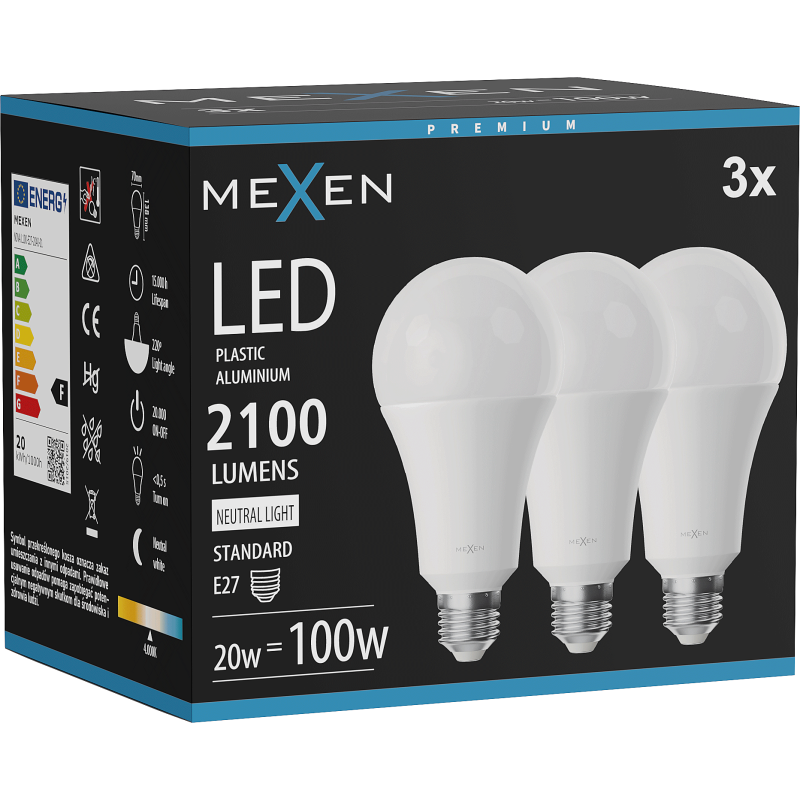 Mexen Nova 3x LED žárovka E27, A70, 20W, Neutrální - 4000K, 2100 lm - L100-E27-2040-01x03