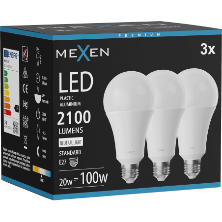 Mexen Nova 3x LED žárovka E27, A70, 20W, Neutrální - 4000K, 2100 lm - L100-E27-2040-01x03