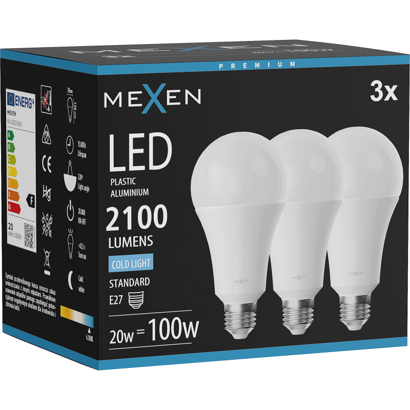 Mexen Nova 3x LED žárovka E27, A70, 20W, Studená - 6500K, 2100 lm - L100-E27-2065-01x03
