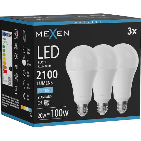 Mexen Nova 3x LED žárovka E27, A70, 20W, Studená - 6500K, 2100 lm - L100-E27-2065-01x03