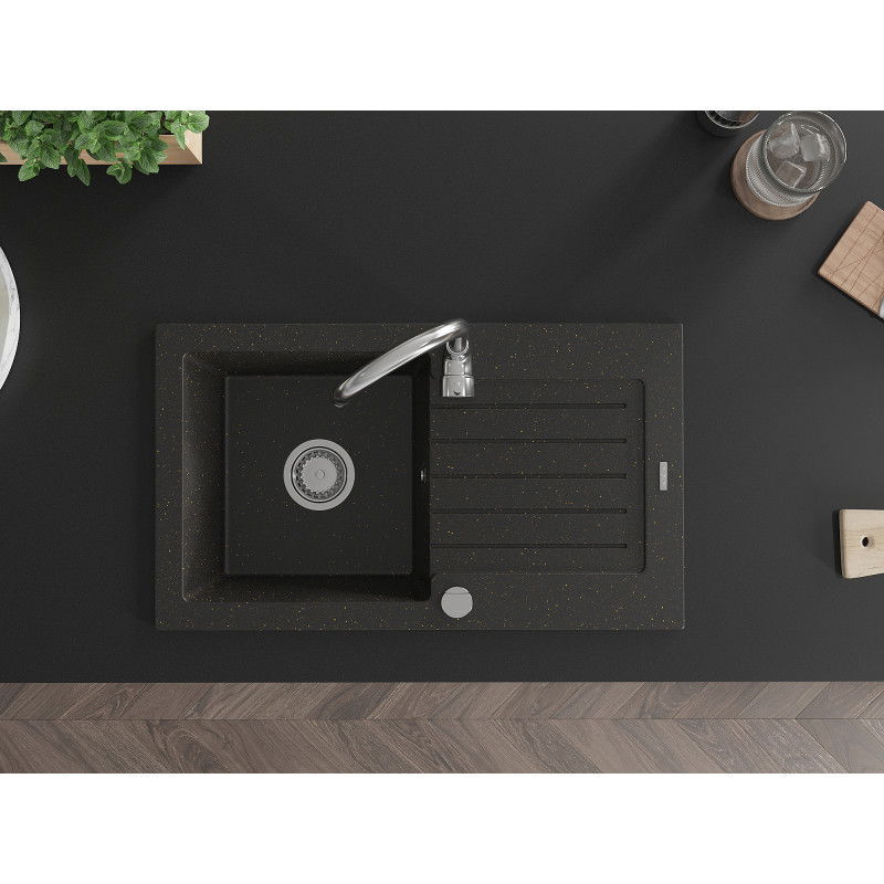 Mexen Pablo granitový dřez 1-komorový s odkapávačem 752 x 436 mm, černý/zlatý metalik, sifon chrom - 6510751010-75