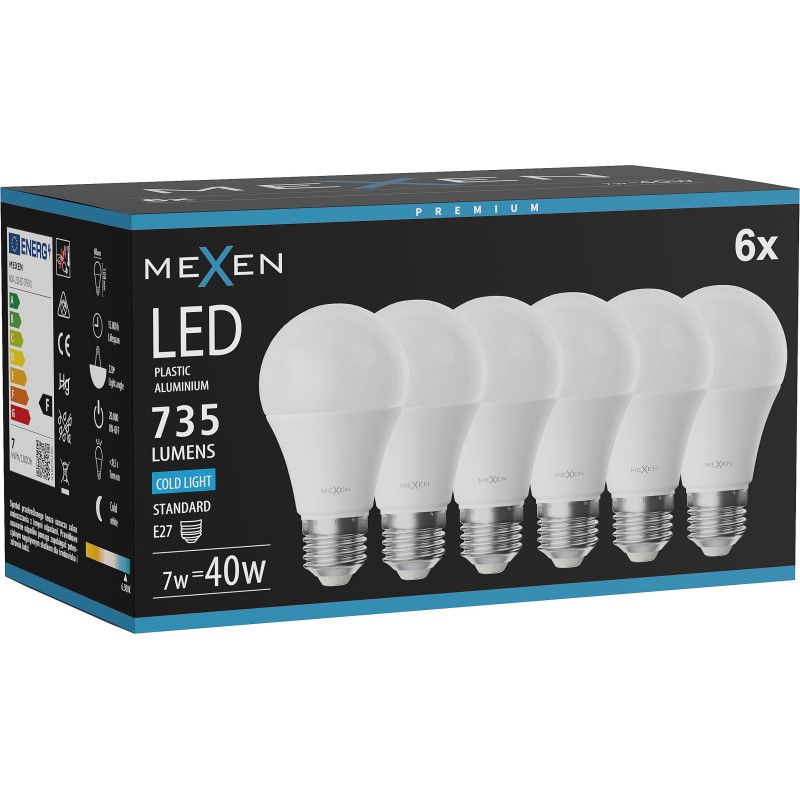 Mexen Nova 6x Žárovka LED E27, A60, 7W, Studená - 6500K, 735 lm - L100-E27-0765-01x06