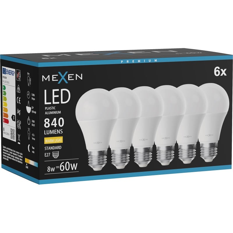 Mexen Nova 6x LED žárovka E27, A60, 8W, Teplá - 3000K, 840 lm - L100-E27-0830-01x06