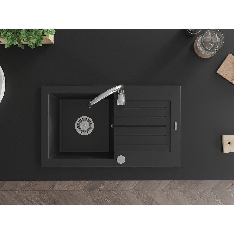 Mexen Pablo jednodřezový granitový dřez s odkapávačem 752 x 436 mm, černý, sifon chrom - 6510751010-77