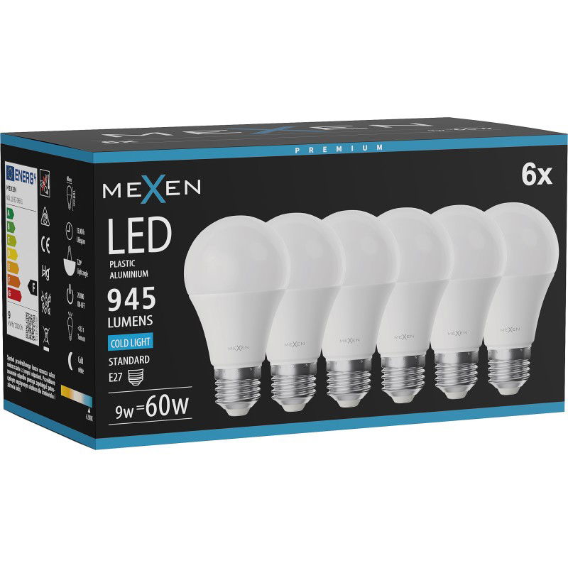 Mexen Nova 6x LED žárovka E27, A60, 9W, Studená - 6500K, 945 lm - L100-E27-0965-01x06