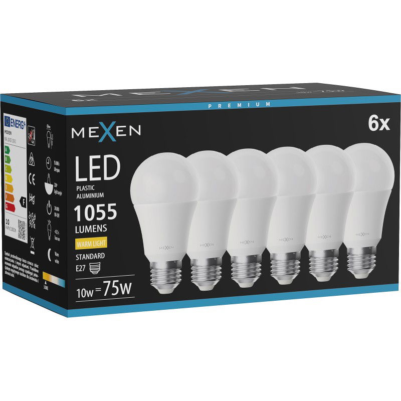 Mexen Nova 6x LED žárovka E27, A60, 10W, Teplá - 3000K, 1055 lm - L100-E27-1030-01x06