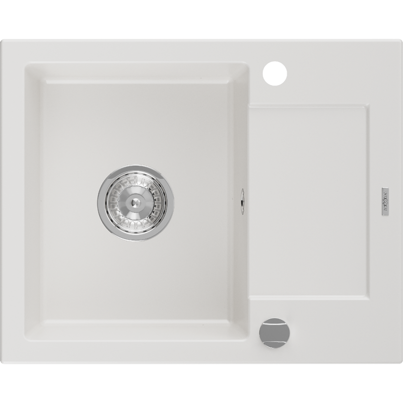 Mexen Enzo granitový dřez 1-komorový s odkapávačem 576 x 465 mm, bílý, sifon chrom - 6506571005-20
