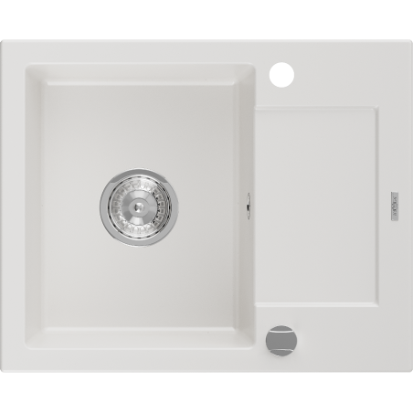 Mexen Enzo granitový dřez 1-komorový s odkapávačem 576 x 465 mm, bílý, sifon chrom - 6506571005-20