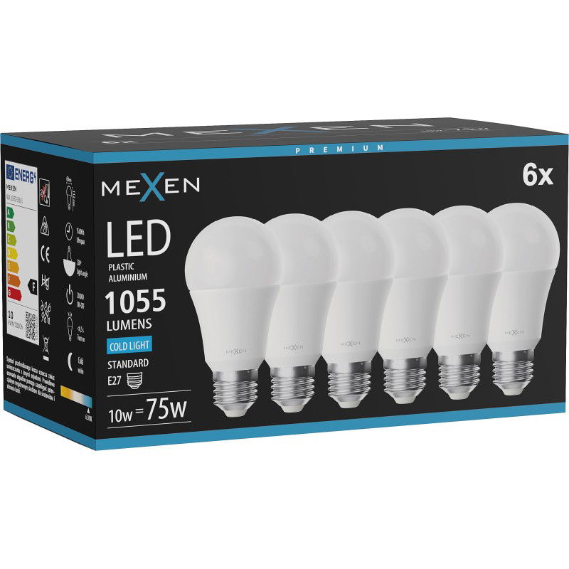 Mexen Nova 6x LED žárovka E27, A60, 10W, Studená - 6500K, 1055 lm - L100-E27-1065-01x06