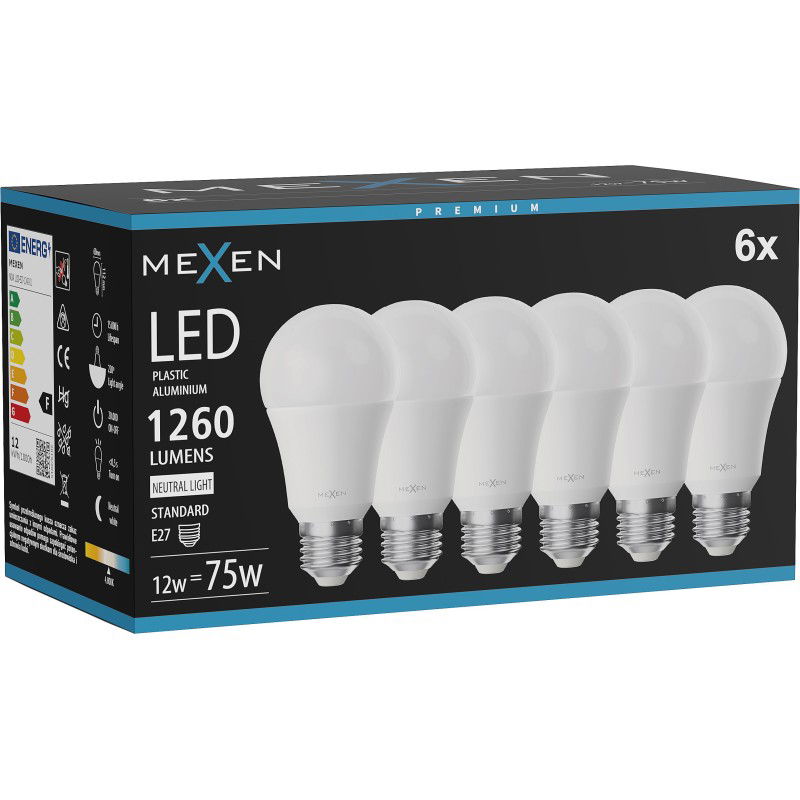 Mexen Nova 6x Žárovka LED E27, A60, 12W, Neutrální - 4000K, 1260 lm - L100-E27-1240-01x06