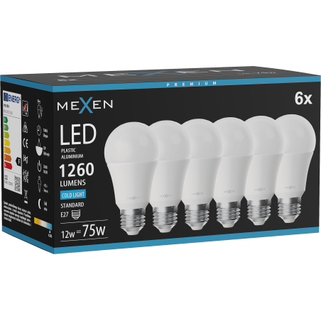 Mexen Nova 6x Žárovka LED E27, A60, 12W, Studená - 6500K, 1260 lm - L100-E27-1265-01x06